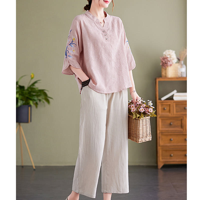 Chemise d'été à manches trois-quarts et col cranté en coton et lin pour femme, motif Buddha Stones , broderie florale - image 3