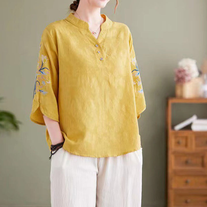 Chemise d'été à manches trois-quarts et col cranté en coton et lin pour femme, motif Buddha Stones , broderie florale - Or - US14，UK/AU18，EU46 (4XL) - image 14
