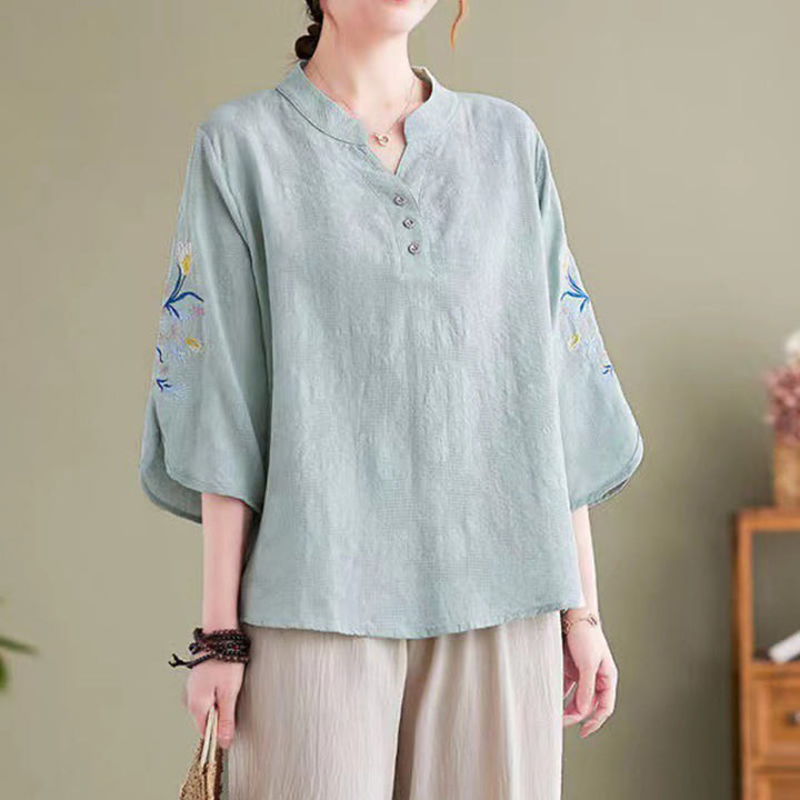 Chemise d'été à manches trois-quarts et col cranté en coton et lin pour femme, motif Buddha Stones , broderie florale - Turquoise pâle - US14，UK/AU18，EU46 (4XL) - image 6
