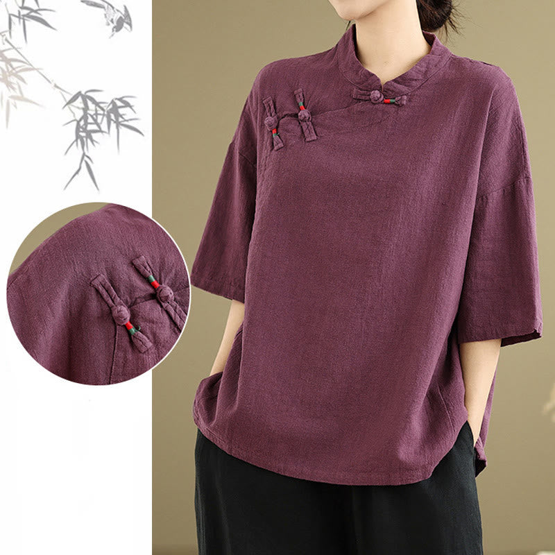 Chemise à manches mi-longues en coton et lin pour femme, motif Buddha Stones , col montant, boutons grenouille chinois - image 9