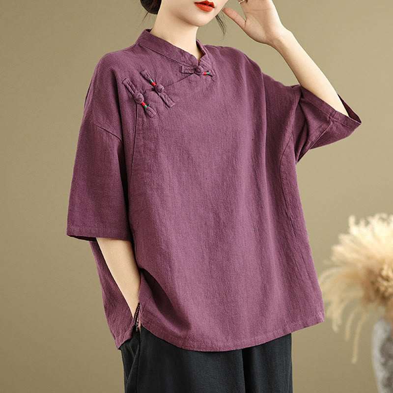 Chemise à manches mi-longues en coton et lin pour femme, motif Buddha Stones , col montant, boutons grenouille chinois - image 8