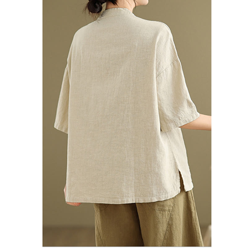 Chemise à manches mi-longues en coton et lin pour femme, motif Buddha Stones , col montant, boutons grenouille chinois - image 3