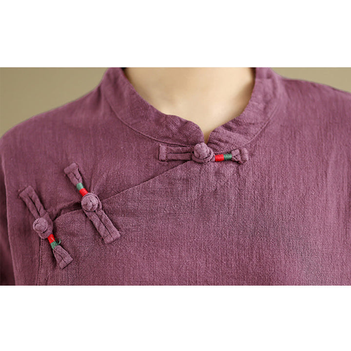 Chemise à manches mi-longues en coton et lin pour femme, motif Buddha Stones , col montant, boutons grenouille chinois - image 12