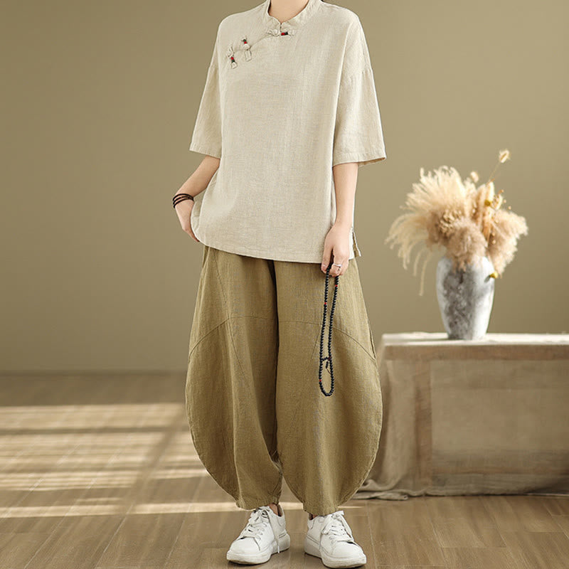 Chemise à manches mi-longues en coton et lin pour femme, motif Buddha Stones , col montant, boutons grenouille chinois - image 4