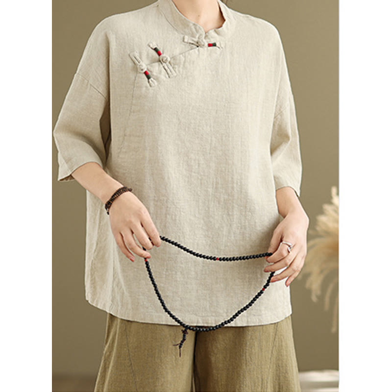Chemise à manches mi-longues en coton et lin pour femme, motif Buddha Stones , col montant, boutons grenouille chinois - image 2