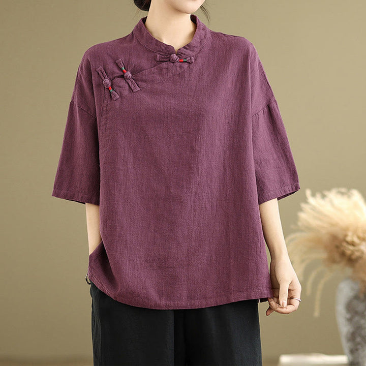 Chemise à manches mi-longues en coton et lin pour femme, motif Buddha Stones , col montant, boutons grenouille chinois - Violet - US8-10，UK/AU12-14，EU40-42 (2XL) - image 6
