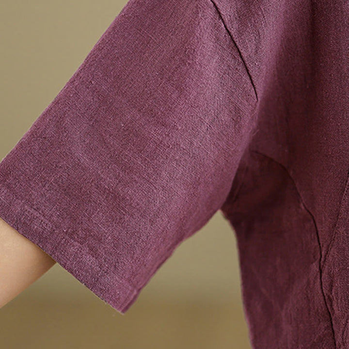 Chemise à manches mi-longues en coton et lin pour femme, motif Buddha Stones , col montant, boutons grenouille chinois - image 15