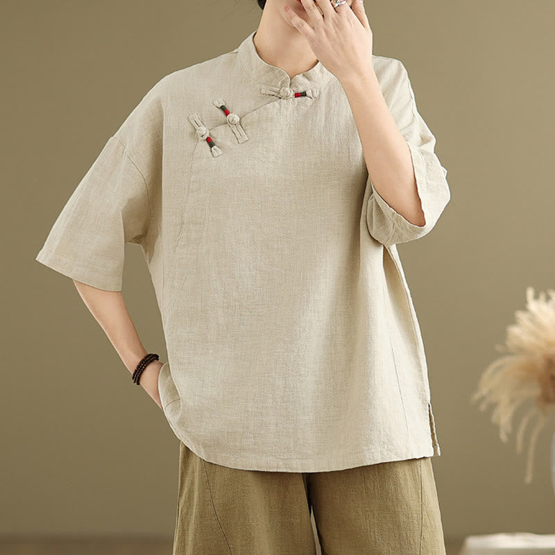Chemise à manches mi-longues en coton et lin pour femme, motif Buddha Stones , col montant, boutons grenouille chinois - Chiffon au citron - US8-10，UK/AU12-14，EU40-42 (2XL) - image 0