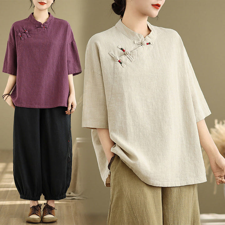 Chemise à manches mi-longues en coton et lin pour femme, motif Buddha Stones , col montant, boutons grenouille chinois - image 5