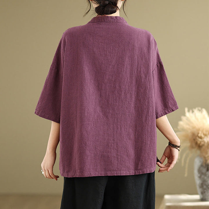 Chemise à manches mi-longues en coton et lin pour femme, motif Buddha Stones , col montant, boutons grenouille chinois - image 7