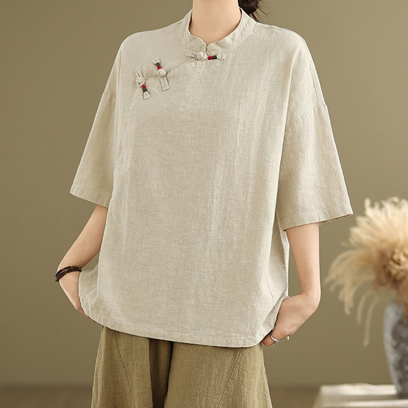 Chemise à manches mi-longues en coton et lin pour femme, motif Buddha Stones , col montant, boutons grenouille chinois - image 1