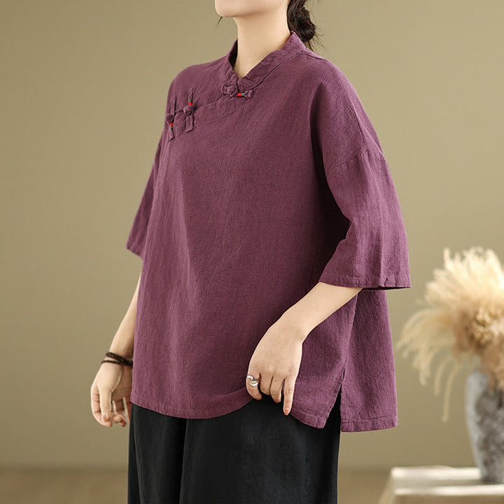 Chemise à manches mi-longues en coton et lin pour femme, motif Buddha Stones , col montant, boutons grenouille chinois - image 10