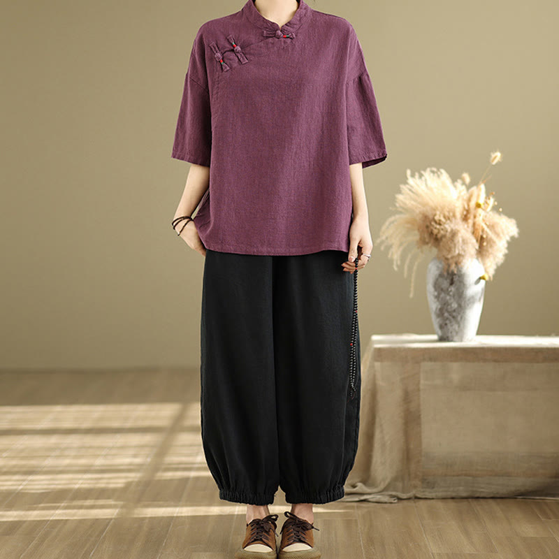 Chemise à manches mi-longues en coton et lin pour femme, motif Buddha Stones , col montant, boutons grenouille chinois - image 11