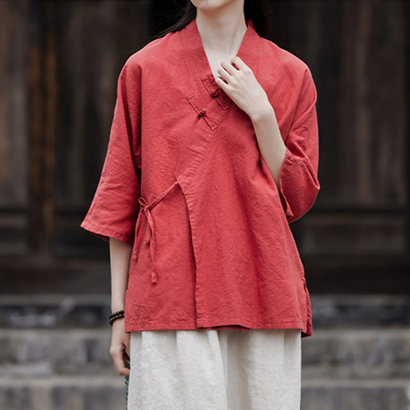 Chemise à manches courtes en coton et lin pour femme, style vintage zen, à lacets et empiècements latéraux, Buddha Stones - image 16