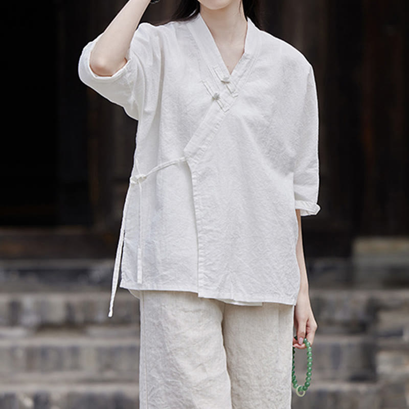 Chemise à manches courtes en coton et lin pour femme, style vintage zen, à lacets et empiècements latéraux, Buddha Stones - Blanc - US8-10，UK/AU12-14，EU40-42 (2XL) - image 7