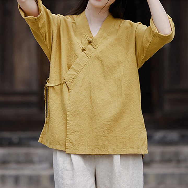 Cardigan à manches mi-longues en coton et lin pour femme, motif patchwork à lacets sur le côté, style Buddha Stones zen et zen, couleur pure