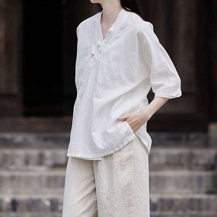 Chemise à manches courtes en coton et lin pour femme, style vintage zen, à lacets et empiècements latéraux, Buddha Stones - image 9