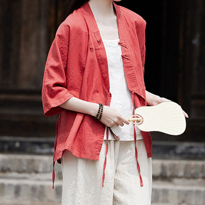 Chemise à manches courtes en coton et lin pour femme, style vintage zen, à lacets et empiècements latéraux, Buddha Stones - image 23