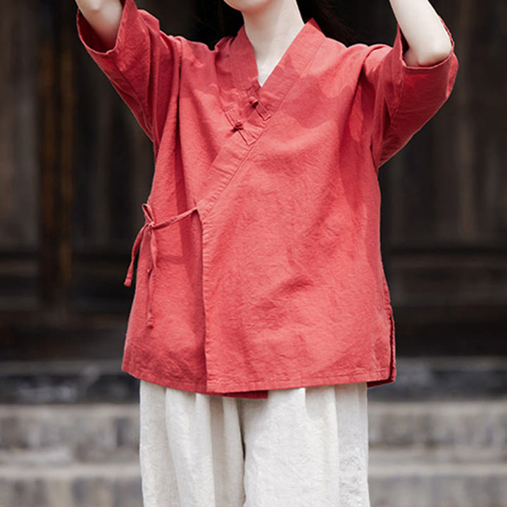 Cardigan à manches mi-longues en coton et lin pour femme, motif patchwork à lacets sur le côté, style Buddha Stones zen et zen, couleur pure