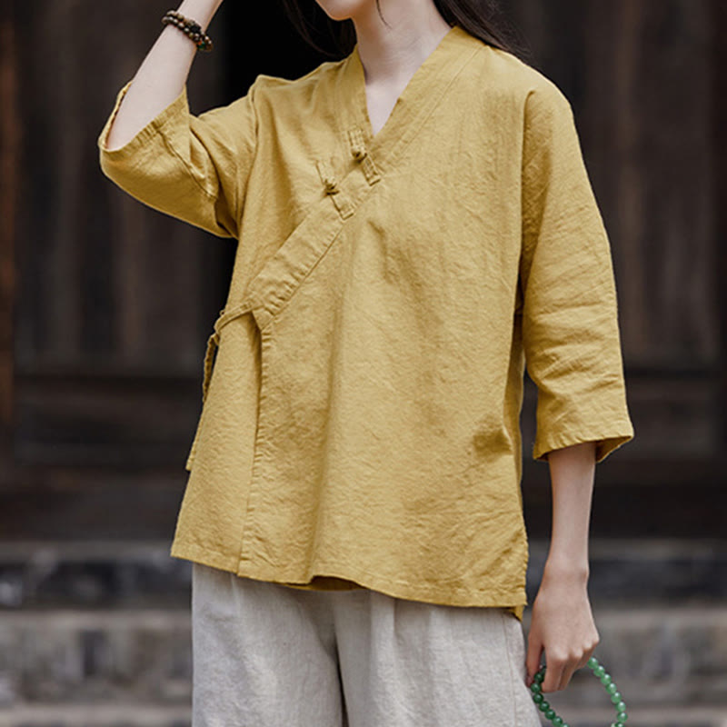 Cardigan à manches mi-longues en coton et lin pour femme, motif patchwork à lacets sur le côté, style Buddha Stones zen et zen, couleur pure - Kaki - US8-10，UK/AU12-14，EU40-42 (2XL) - image 0