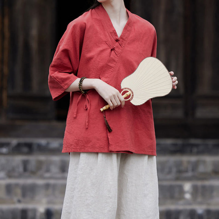 Cardigan à manches mi-longues en coton et lin pour femme, motif patchwork à lacets sur le côté, style Buddha Stones zen et zen, couleur pure