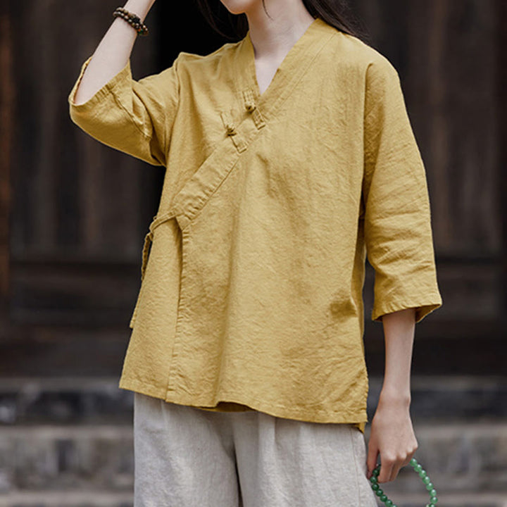 Chemise à manches courtes en coton et lin pour femme, style vintage zen, à lacets et empiècements latéraux, Buddha Stones - Kaki - US8-10，UK/AU12-14，EU40-42 (2XL) - image 0