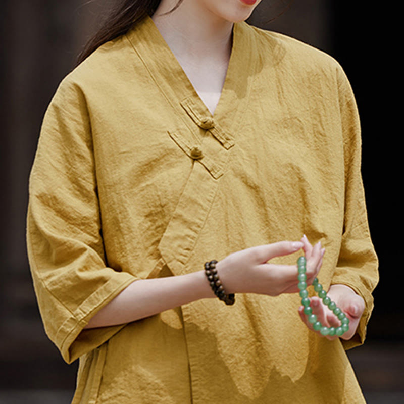 Cardigan à manches mi-longues en coton et lin pour femme, motif patchwork à lacets sur le côté, style Buddha Stones zen et zen, couleur pure - image 6