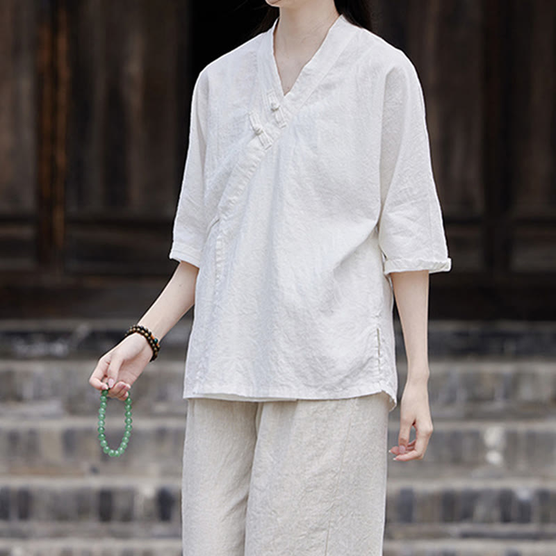 Cardigan à manches mi-longues en coton et lin pour femme, motif patchwork à lacets sur le côté, style Buddha Stones zen et zen, couleur pure