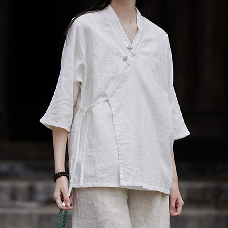 Chemise à manches courtes en coton et lin pour femme, style vintage zen, à lacets et empiècements latéraux, Buddha Stones - image 8