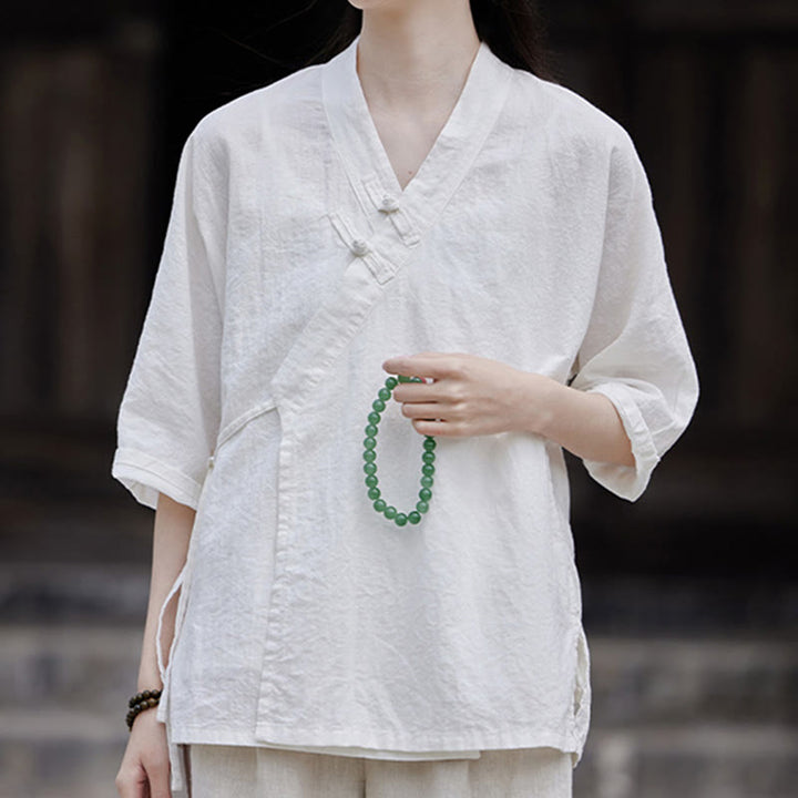 Cardigan à manches mi-longues en coton et lin pour femme, motif patchwork à lacets sur le côté, style Buddha Stones zen et zen, couleur pure