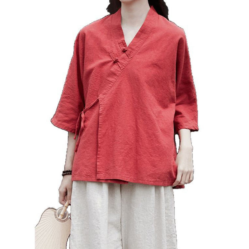 Cardigan à manches mi-longues en coton et lin pour femme, motif patchwork à lacets sur le côté, style Buddha Stones zen et zen, couleur pure - OrangeRouge - US8-10，UK/AU12-14，EU40-42 (2XL) - image 15