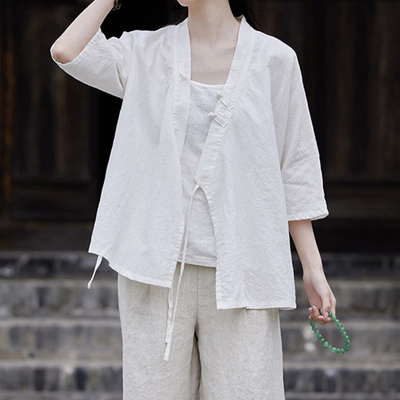 Chemise à manches courtes en coton et lin pour femme, style vintage zen, à lacets et empiècements latéraux, Buddha Stones - image 12