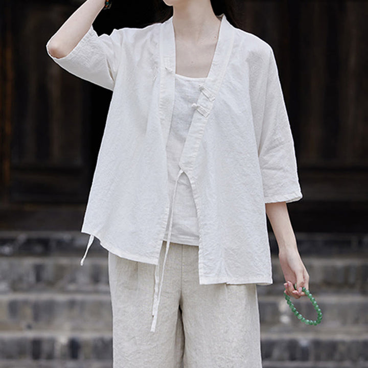 Chemise à manches courtes en coton et lin pour femme, style vintage zen, à lacets et empiècements latéraux, Buddha Stones - image 12