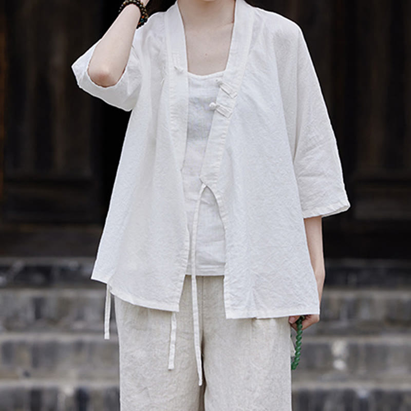 Chemise à manches courtes en coton et lin pour femme, style vintage zen, à lacets et empiècements latéraux, Buddha Stones - image 11