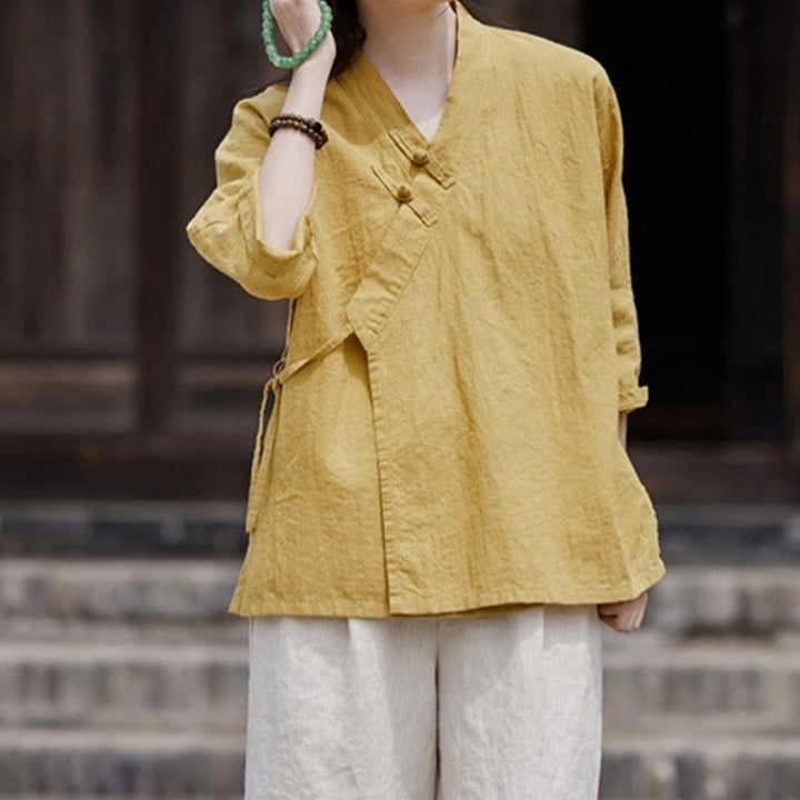 Cardigan à manches mi-longues en coton et lin pour femme, motif patchwork à lacets sur le côté, style Buddha Stones zen et zen, couleur pure - image 4