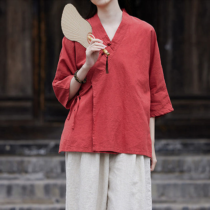 Chemise à manches courtes en coton et lin pour femme, style vintage zen, à lacets et empiècements latéraux, Buddha Stones - image 19