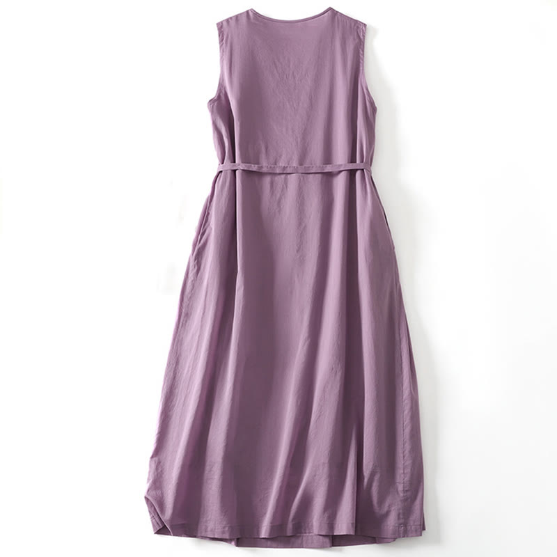 Robe midi en coton sans manches avec poches et motif accordéon, couleur unie, motif Buddha Stones - image 1