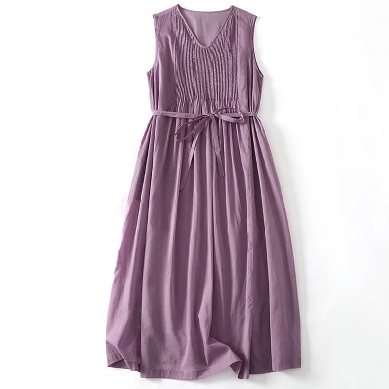 Robe midi en coton sans manches avec poches et motif accordéon, couleur unie, motif Buddha Stones - Orchidée moyenne - US8-10，UK/AU12-14，EU40-42 (2XL) - image 0