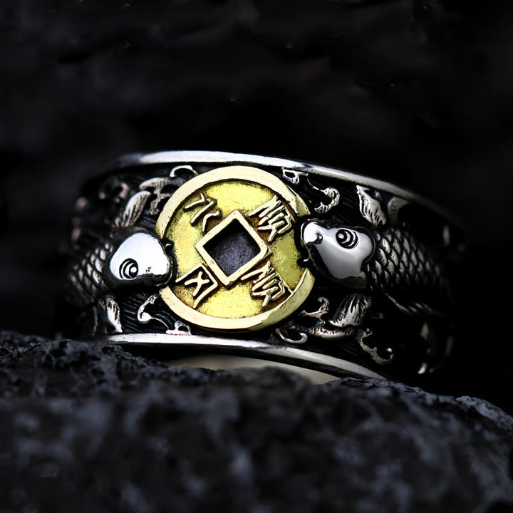 Bague en argent sterling 925 avec Buddha Stones et ouverture réglable, motif poisson koï porte-bonheur, pièce de cuivre, nuages de bon augure