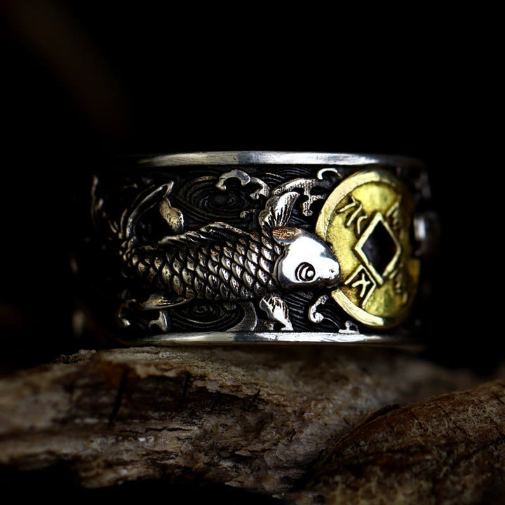 Bague en argent sterling 925 avec Buddha Stones et ouverture réglable, motif poisson koï porte-bonheur, pièce de cuivre, nuages de bon augure
