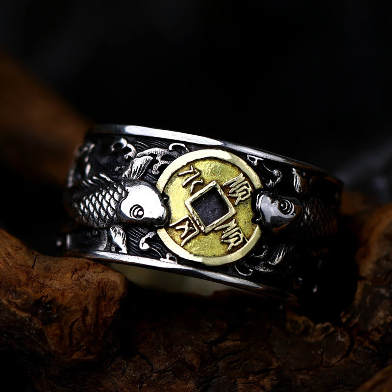 Bague en argent sterling 925 avec Buddha Stones et ouverture réglable, motif poisson koï porte-bonheur, pièce de cuivre, nuages de bon augure