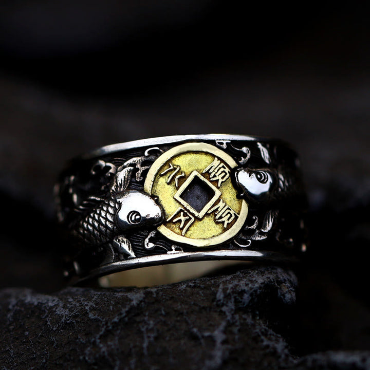 Bague en argent sterling 925 avec Buddha Stones et ouverture réglable, motif poisson koï porte-bonheur, pièce de cuivre, nuages de bon augure