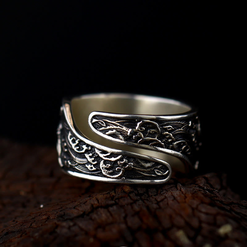 Bague en argent sterling 925 avec Buddha Stones et ouverture réglable, motif poisson koï porte-bonheur, pièce de cuivre, nuages de bon augure