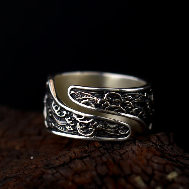 Bague en argent sterling 925 avec Buddha Stones et ouverture réglable, motif poisson koï porte-bonheur, pièce de cuivre, nuages de bon augure