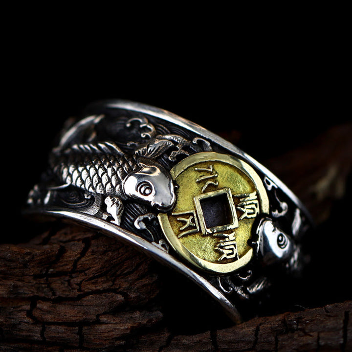 Bague en argent sterling 925 avec Buddha Stones et ouverture réglable, motif poisson koï porte-bonheur, pièce de cuivre, nuages de bon augure