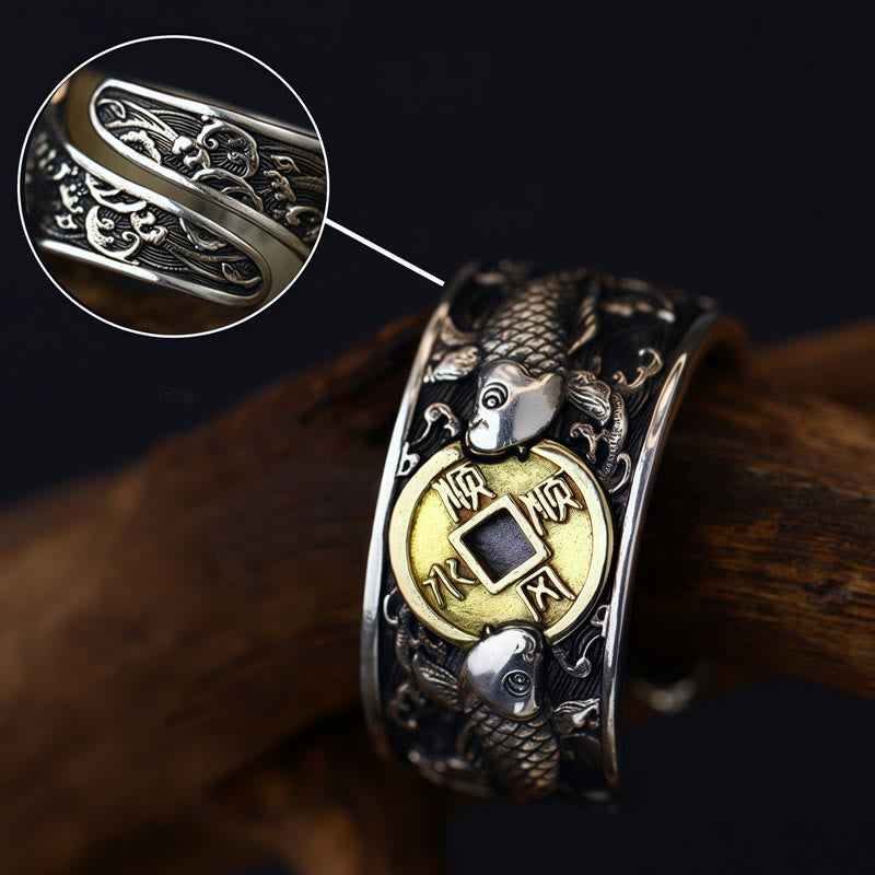 Bague en argent sterling 925 avec Buddha Stones et ouverture réglable, motif poisson koï porte-bonheur, pièce de cuivre, nuages ​​de bon augure - image 15
