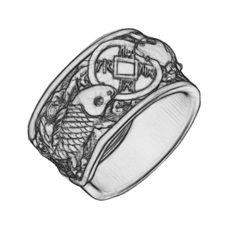 Bague en argent sterling 925 avec Buddha Stones et ouverture réglable, motif poisson koï porte-bonheur, pièce de cuivre, nuages de bon augure