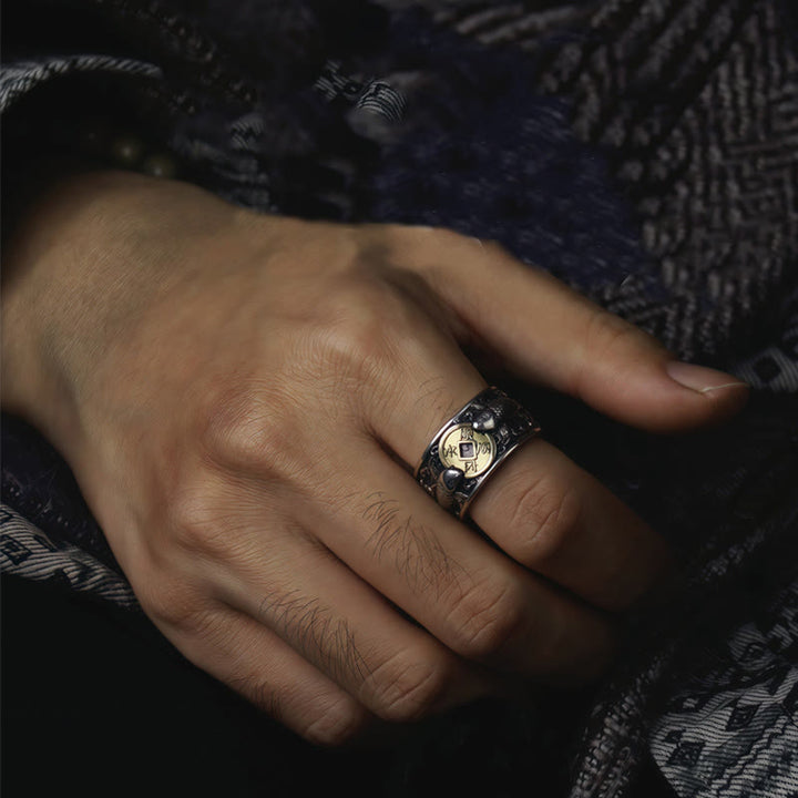 Bague en argent sterling 925 avec Buddha Stones et ouverture réglable, motif poisson koï porte-bonheur, pièce de cuivre, nuages de bon augure