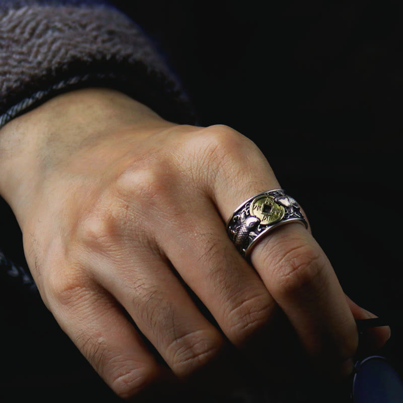 Bague en argent sterling 925 avec Buddha Stones et ouverture réglable, motif poisson koï porte-bonheur, pièce de cuivre, nuages de bon augure