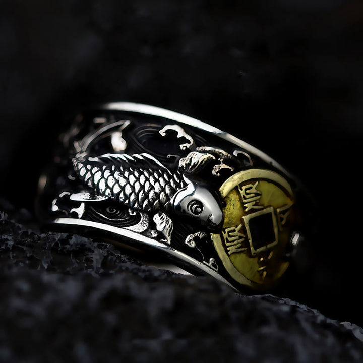 Bague en argent sterling 925 avec Buddha Stones et ouverture réglable, motif poisson koï porte-bonheur, pièce de cuivre, nuages de bon augure